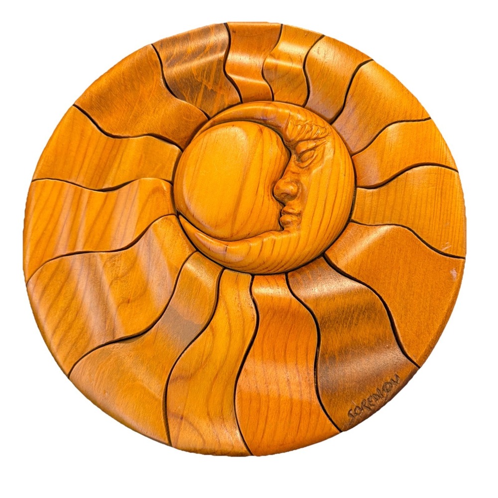 Vtg Barbara Sorensen Sun And Moon Celestial Intarsia Wood Sculpture Signed 10.5"